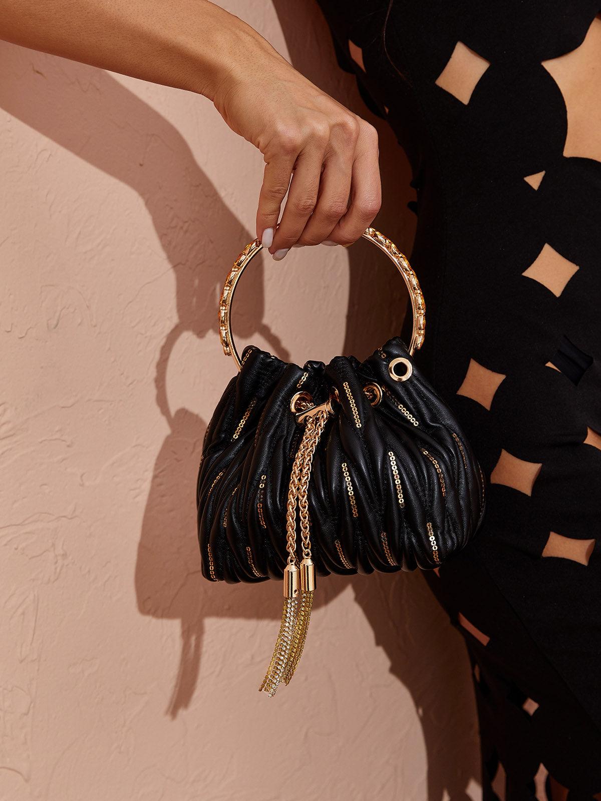 Mattea Leather Sequin Bucket Bag In Black